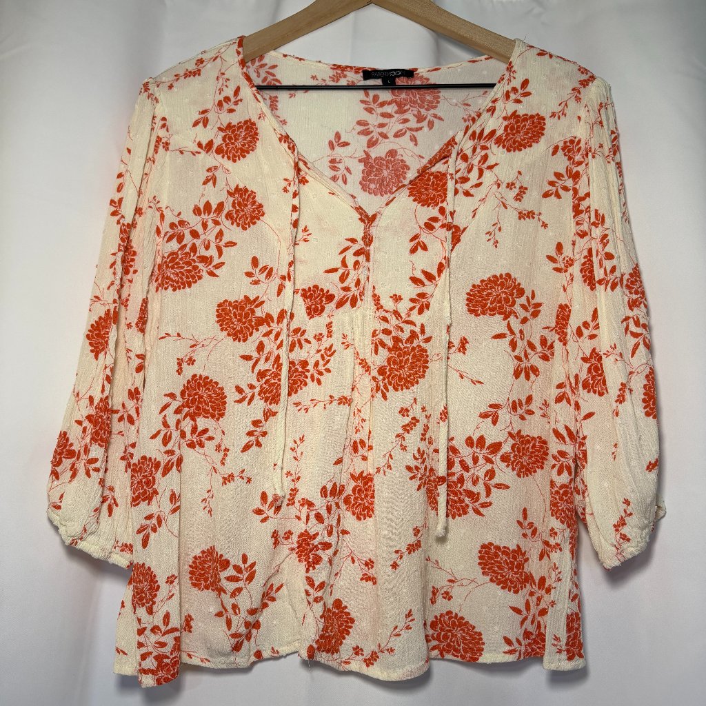 Papermoon Addley Clip Dot Woven Top Womens L Coral Floral Boho Tie-Neck Flowy Ec
